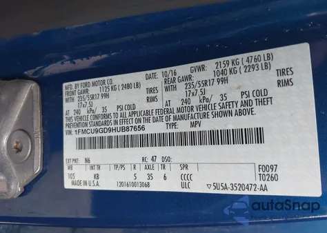 2017 Ford Escape Se из США, поврежденный, VIN 1FMCU9GD9HUB87656